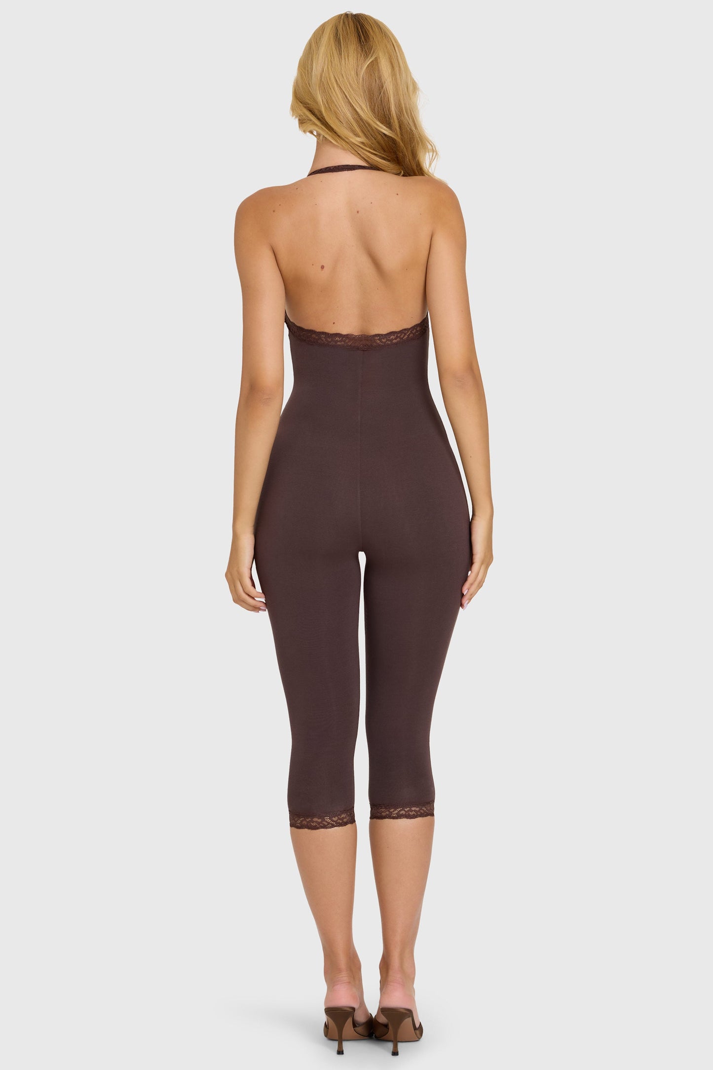 Modal Lace-Trim Capri Jumpsuit in Chocolate