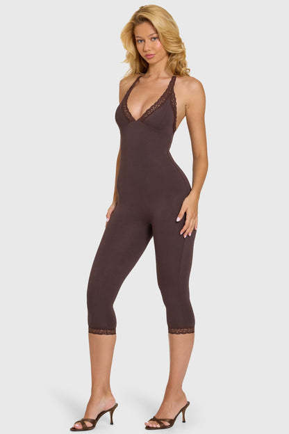 Modal Lace-Trim Capri Jumpsuit in Chocolate