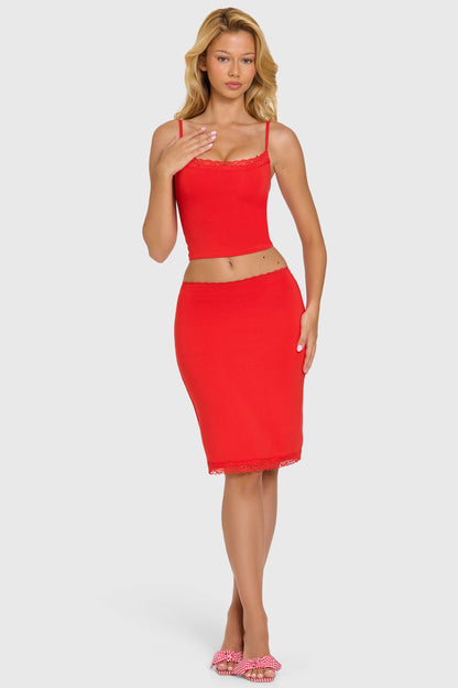 Modal Lace-Trim Midi Skirt in Cherry