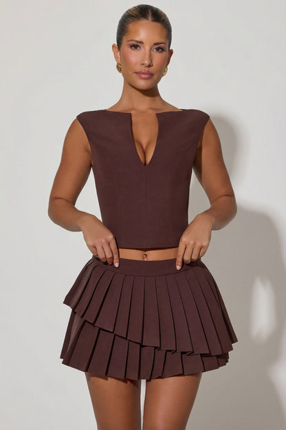 Layered Pleated Low-Rise Mini Skirt in Chocolate Brown