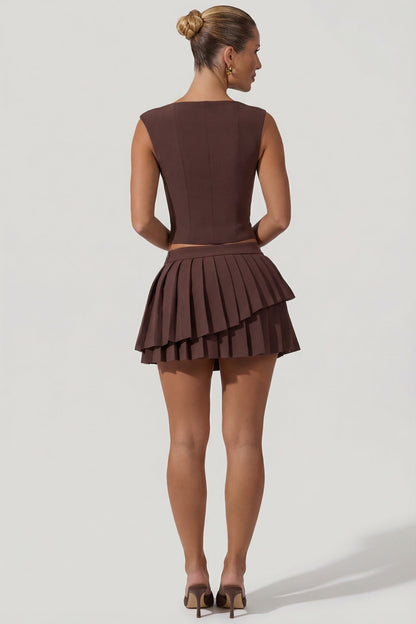 Layered Pleated Low-Rise Mini Skirt in Chocolate Brown