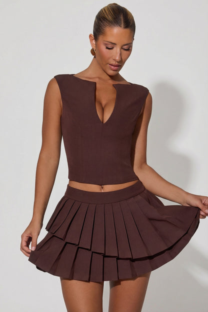 Layered Pleated Low-Rise Mini Skirt in Chocolate Brown