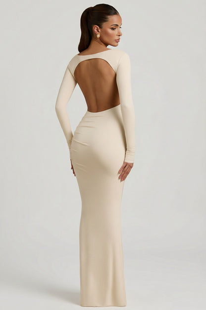 Modal Ruched Backless Maxi Dress in Ivory