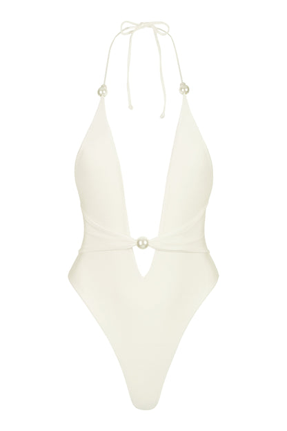 Halterneck Thong Swimsuit in Pearl