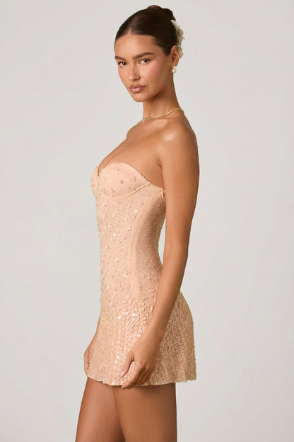 Embellished Sweetheart-Neck A-Line Mini Dress in Apricot