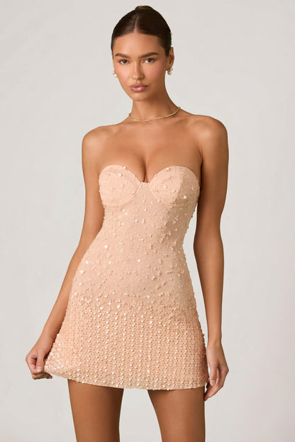 Embellished Sweetheart-Neck A-Line Mini Dress in Apricot